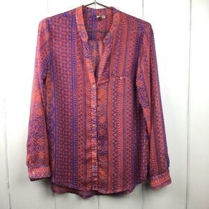 Kut from‎ the Kloth Button Down Coral Blue Floral Top, Size Small